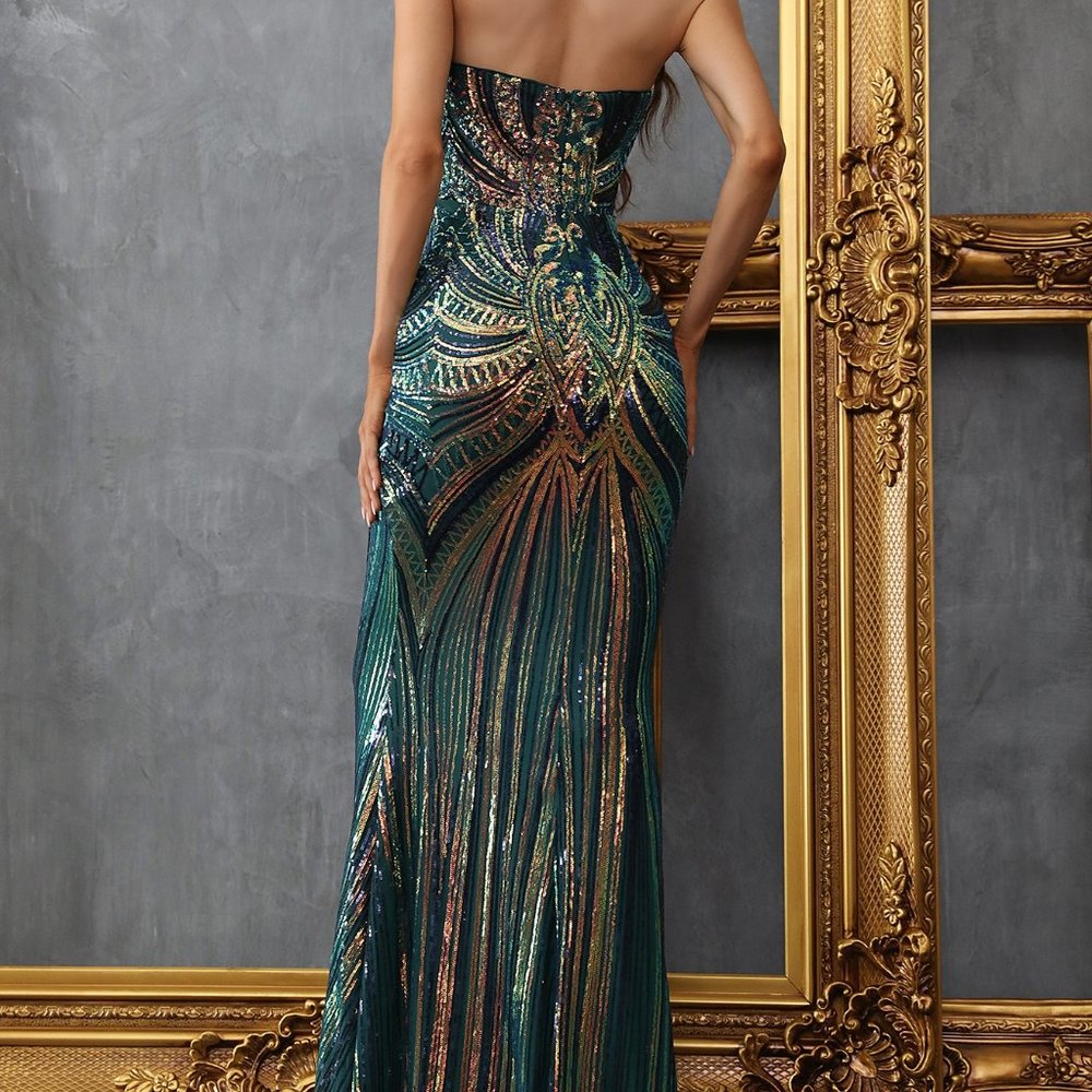 Brand New Backless Mermaid Hem Sequin Prom Dress Green - Picture 6 of 6
